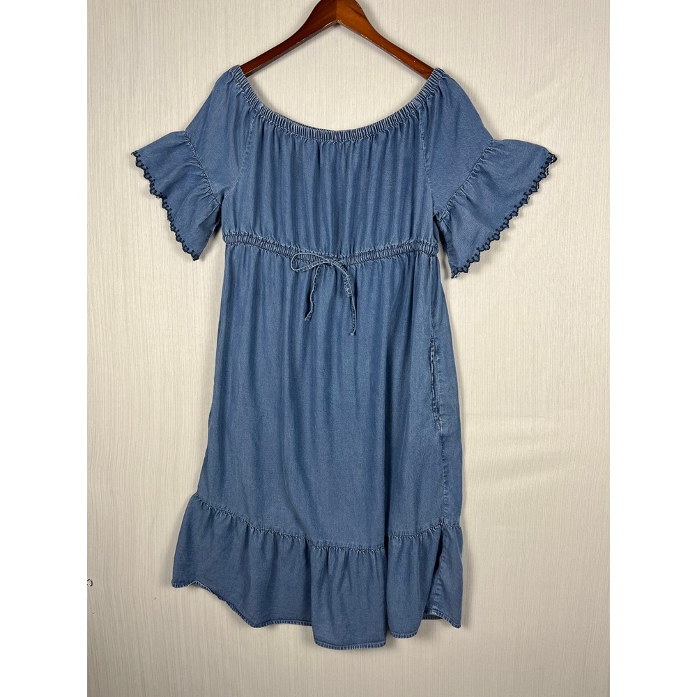 Off Shoulder Peasant Maternity Dress Sz M Gap Blue Woven Embroidered Cottagecore